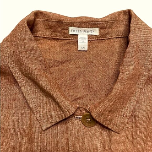 Eileen Fisher Copper Orange Organic Linen Button-Up Shirt Size Medium - Picture 3 of 6